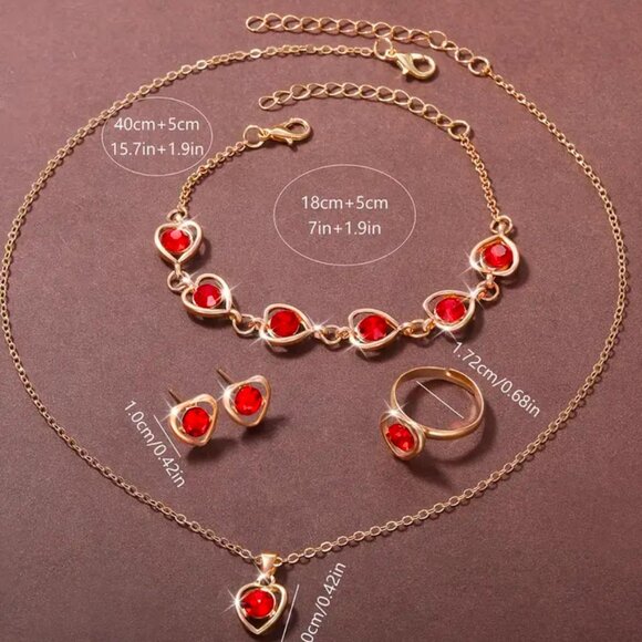 New 5pc Women's Red Watch & Heart Bracelet Set with Earrings, Necklace & Ring - Picture 5 of 5